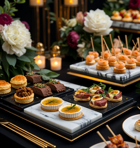 Hot Canapés Warm, flavorful selections including mini beef wellingtons and tempura prawns.