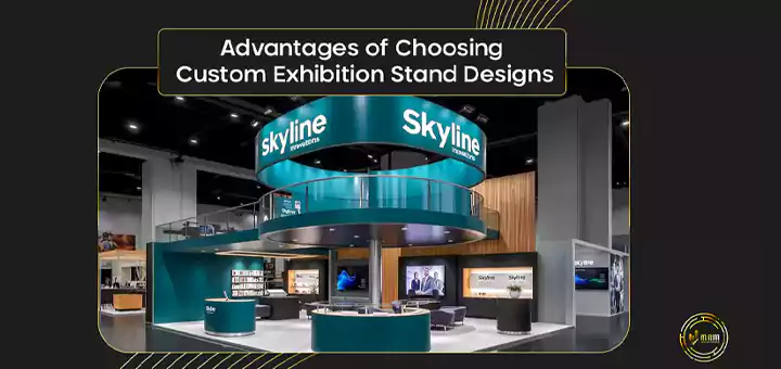 Advantages of custom exhibition stand designs, showcasing a bustling booth with engaging visuals and visitor interaction.