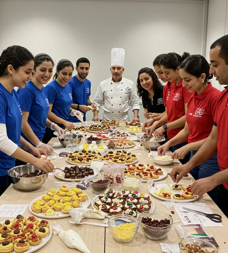 Battle of the Desserts team-building activity in Dubai featuring employees competing in a pastry-making challenge, fostering creativity, teamwork, and collaboration.