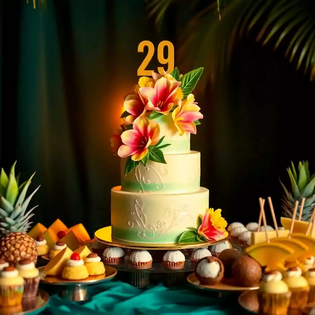 Tropical 29th birthday celebration with a floral cake, exotic fruits, and vibrant decor.