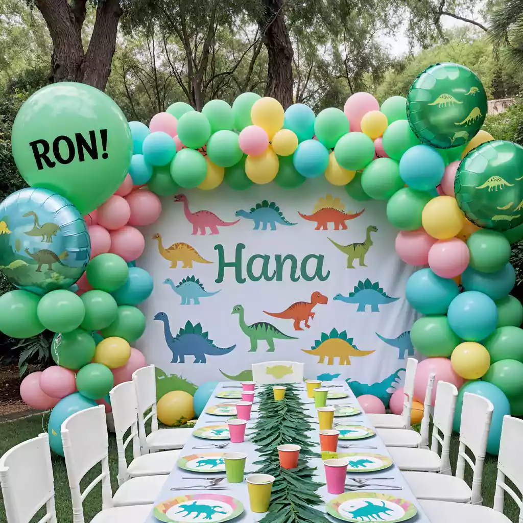 Dinosaur-themed birthday party with green and pastel balloons, custom table setup, and decorations in Dubai. Hosted by MRM EVENTS.