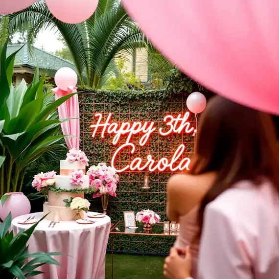 Stunning birthday celebration setup in Dubai with a decorated stage, catering services, and vibrant party decorations by an event company.