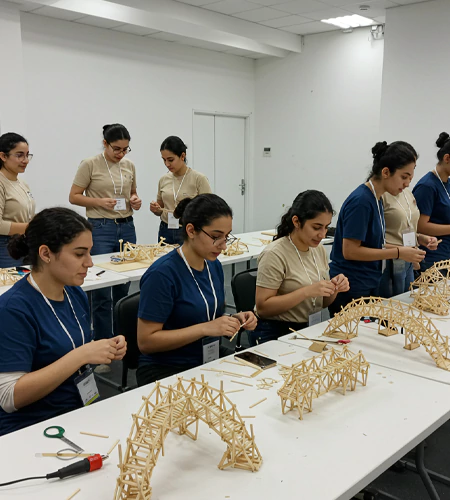 Bridge Masters Challenge indoor team-building activity in Dubai, promoting teamwork, problem-solving, and engineering skills through creative bridge construction