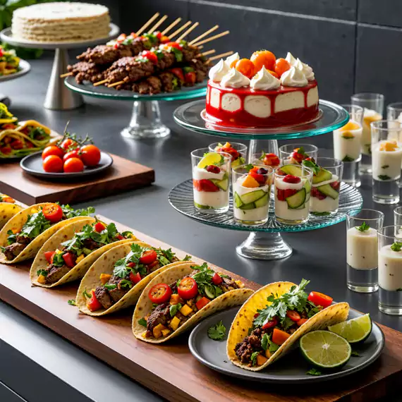 Elegant corporate catering spread featuring gourmet beef tacos, grilled skewers, fresh fruit parfaits, and a signature cake, perfect for business events