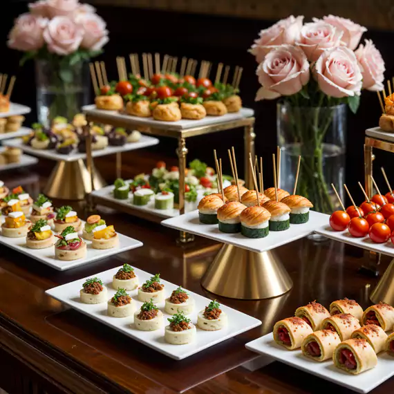 Luxury corporate catering setup with gourmet canapés, sushi bites, and skewered appetizers, elegantly arranged for upscale business events in Dubai