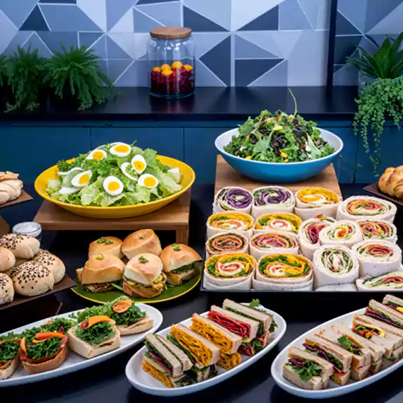 Corporate catering services in Dubai featuring fresh salads, gourmet sandwiches, and healthy wraps for business meetings and corporate events
