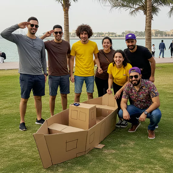 Outdoor team-building activity in Dubai with employees constructing a cardboard boat, fostering teamwork, creativity, and problem-solving skills