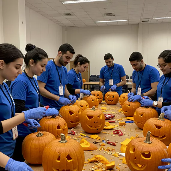 Corporate team engaging in a fun indoor pumpkin carving team-building activity in Dubai, fostering creativity and collaboration