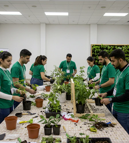 Living Green Masterpiece indoor team-building activity in Dubai, fostering teamwork through sustainable gardening and environmental engagement.