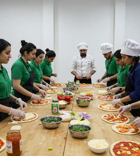 Pizza Masters Challenge indoor team-building activity in Dubai, where teams collaborate to create delicious pizzas, enhancing creativity, teamwork, and culinary skills.