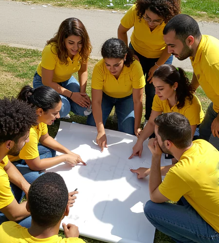 A team strategizing over a map during an outdoor scavenger hunt, collaborating to solve clues and complete challenges in a fun, engaging setting