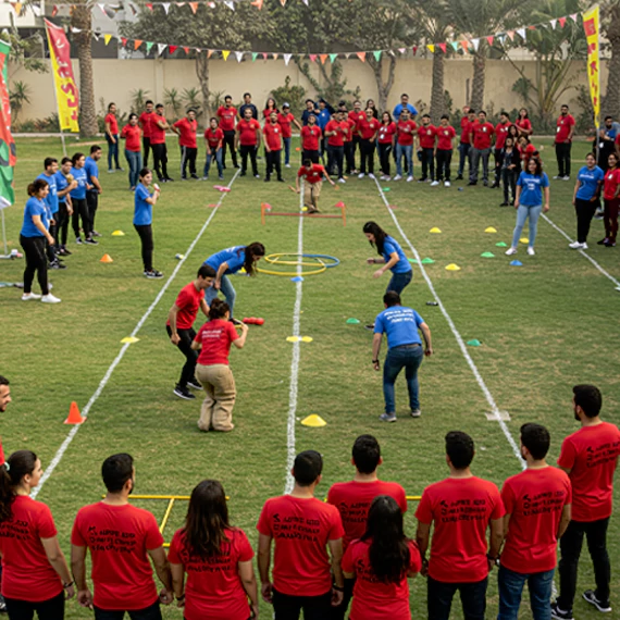 Corporate team-building event in Dubai with employees competing in outdoor relay challenges, enhancing teamwork, communication, and problem-solving skills