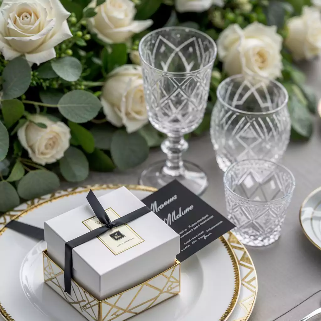 Luxurious wedding table setting with a white and gold gift box, crystal glassware, and elegant floral decor featuring white roses and greenery.