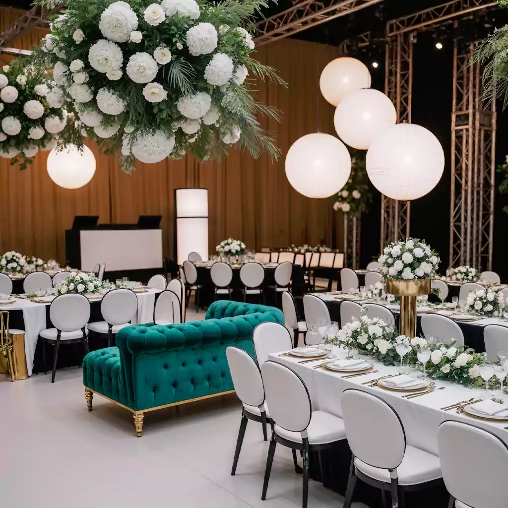 Elegant wedding reception setup with luxurious white and gold table settings, lush floral centerpieces, a green velvet couch, and dramatic hanging floral arrangements.