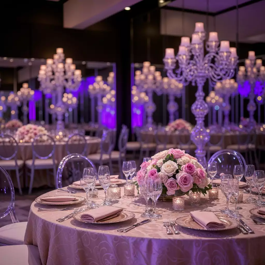 Grand wedding banquet hall with pink floral decorations, glass table settings, and candlelit ambiance.