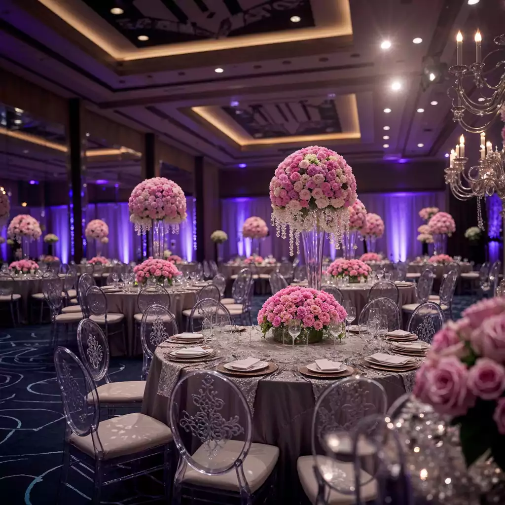 Luxury wedding ballroom with grand floral centerpieces, chandeliers, and a romantic ambiance.