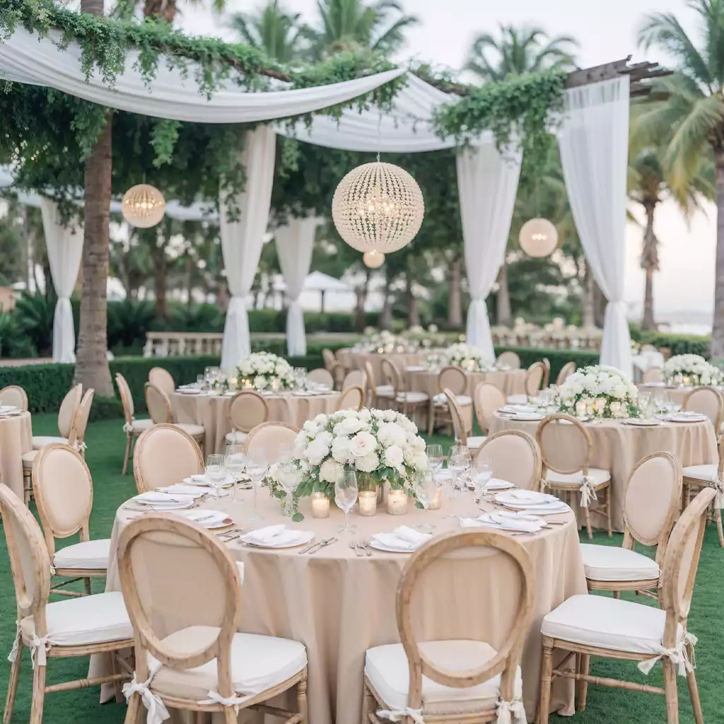 Luxury outdoor wedding reception with round tables, floral centerpieces, and hanging chandeliers.