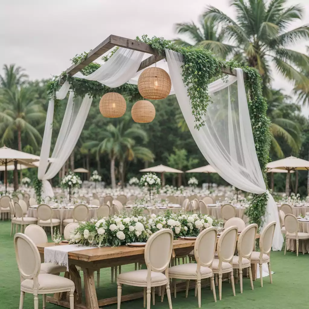 Rustic outdoor wedding setup with a wooden canopy, draped fabric, and nature-inspired floral arrangements.