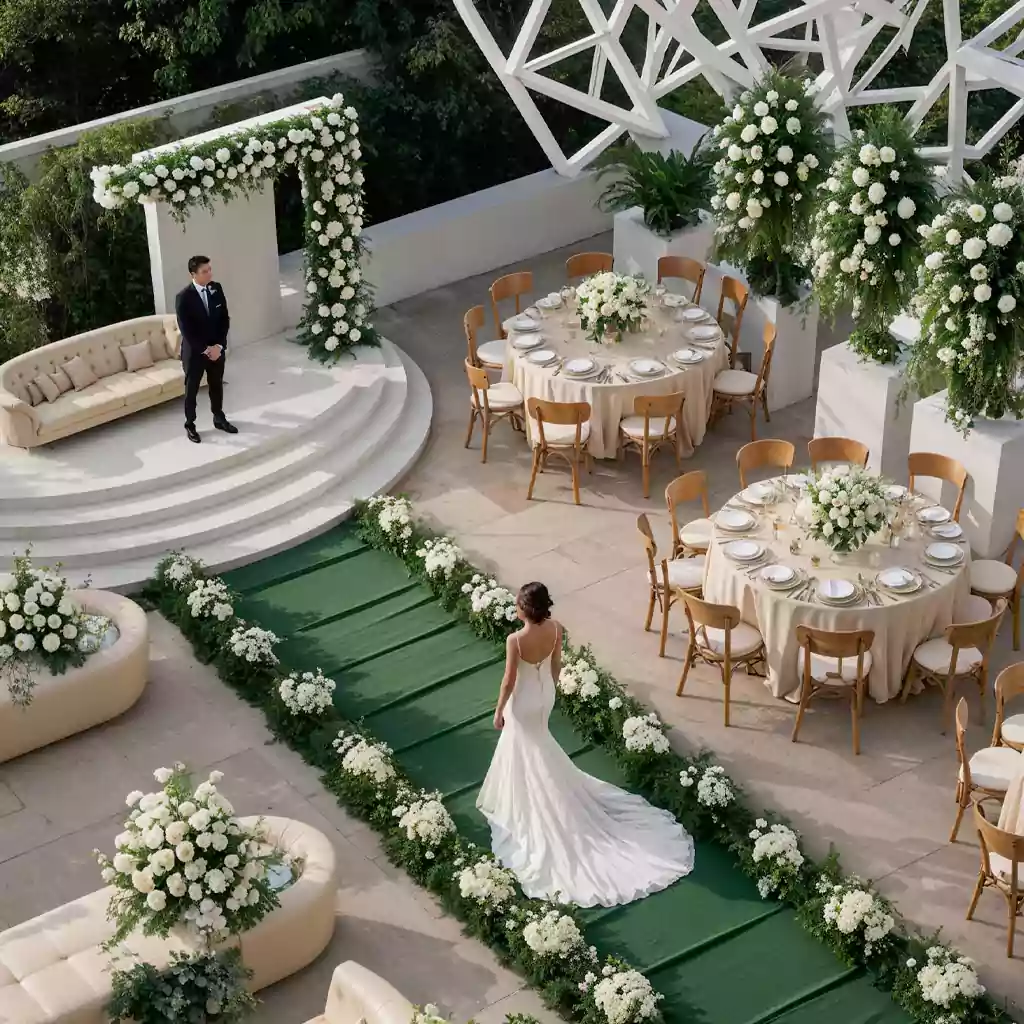 Bride walking down a green floral aisle towards the groom at an elegant outdoor wedding ceremony.