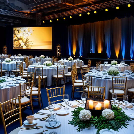 Elegantly decorated banquet hall with round tables, gold chairs and a stage, set up for an MRM Events gala dinner in Dubai.