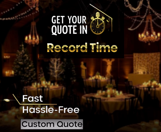 Promotional graphic reading 'Get your quote in record time' with an elegant event hall background, promoting MRM Events' fast custom quote service.