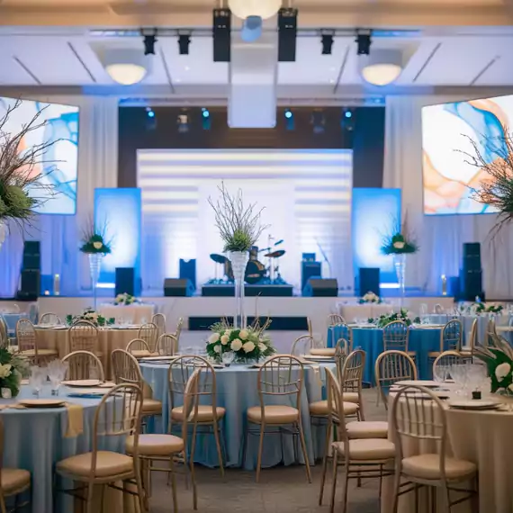 Elegant event hall with round tables, stage and blue lighting prepared for award ceremonies by MRM Events.