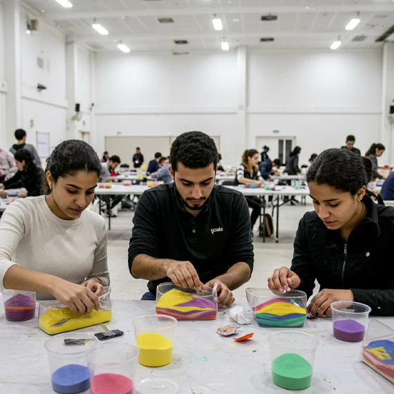Workshop participants decorating mirror frames with bright mosaic tiles during an art session led by MRM Events.
