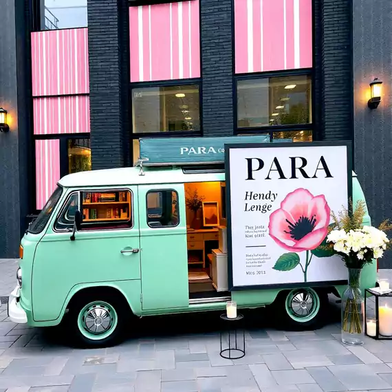 Mint-green food truck branded 'Para' parked at an outdoor event, representing MRM Events' trendy catering solutions.
