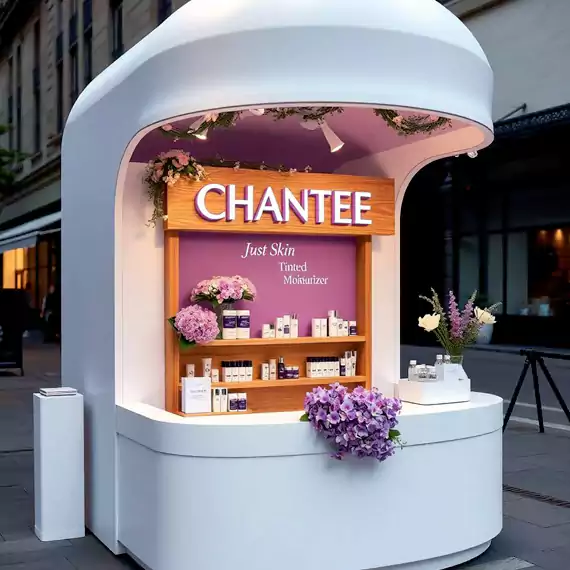 Bright pink handbag-shaped mobile pop-up store set up in the evening, representing creative brand activations by MRM Events.