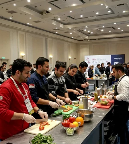 Team-building cooking challenge where participants chop vegetables and prepare dishes, promoting teamwork at MRM Events Dubai.