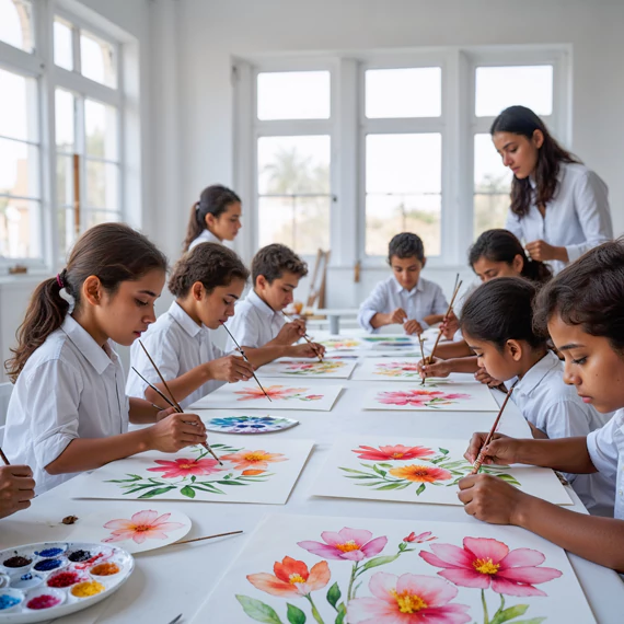Long table loaded with craft supplies like beads, scissors and decorations prepared for a creative kids' workshop at MRM Events.