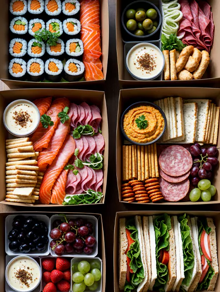 Colourful corporate catering spread with tacos, kebabs, desserts and fruit parfaits, showcasing diverse menu options by MRM Events.