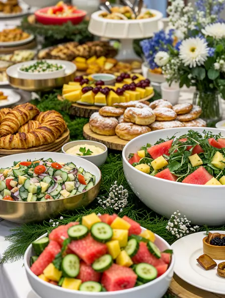 Buffet-style catering table with fresh fruit salads, pastries, cakes and floral arrangements, exemplifying MRM Events' process for corporate catering.