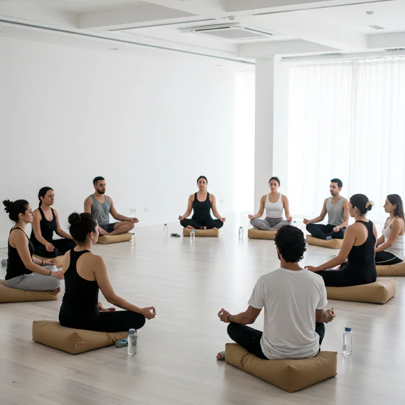 Wellness program session where participants create colourful sand art designs, promoting creativity and mindfulness at MRM Events.