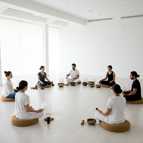 Group meditation session with participants seated in a circle, part of MRM Events' wellness programs for relaxation and mindfulness.