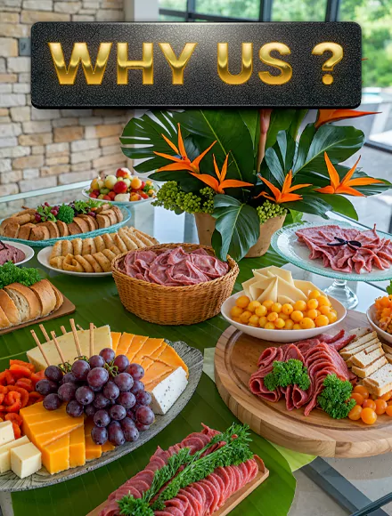 Why Us? charcuterie spread with meats, cheeses, grapes and tropical flowers at an MRM Events corporate catering display in Dubai.