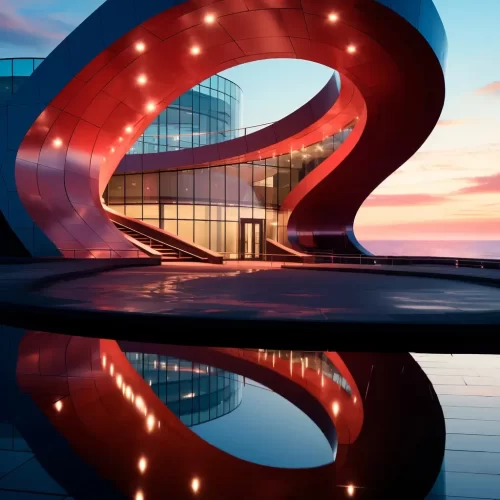 Futuristic 3D-rendered building with sweeping red curves reflected in water.
