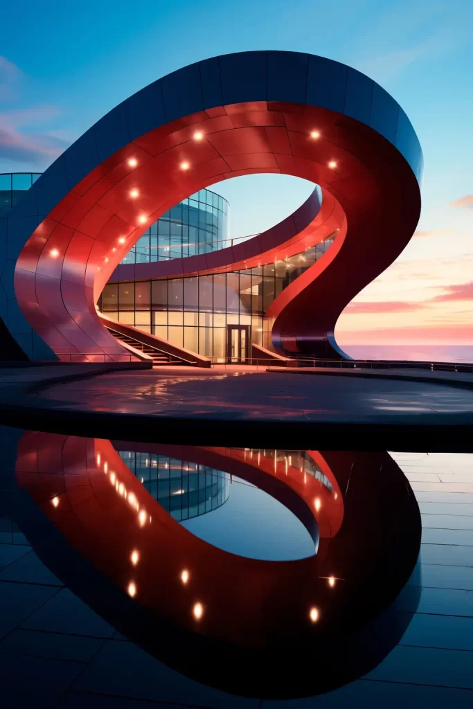 Futuristic 3D-rendered building with sweeping red curves reflected in water.