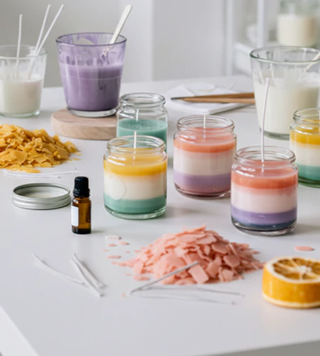 Layered colorful candles in glass jars on a table surrounded by wax flakes and essential oils during a kids candle making workshop in Dubai