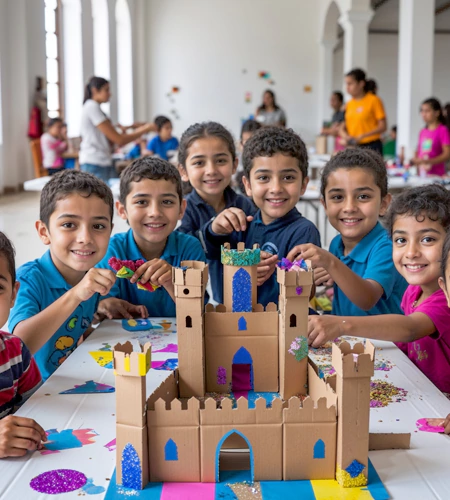 Smiling children in Dubai participating in a cardboard castle crafting workshop, showcasing colorful handmade castle decorations
