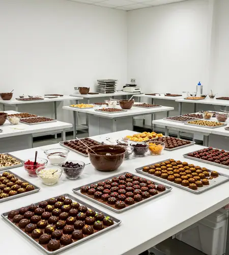 A variety of chocolate truffles prepared on trays during a chocolate-making cooking workshop for kids, part of creative workshops in Dubai