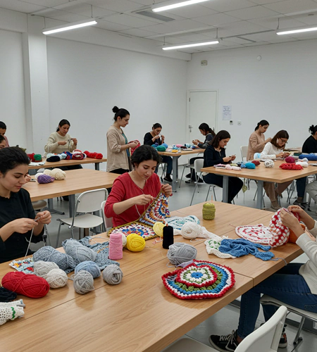 "Corporate participants crocheting colorful patterns during a craft art workshop in Dubai, designed for creativity and team engagement at corporate events. "