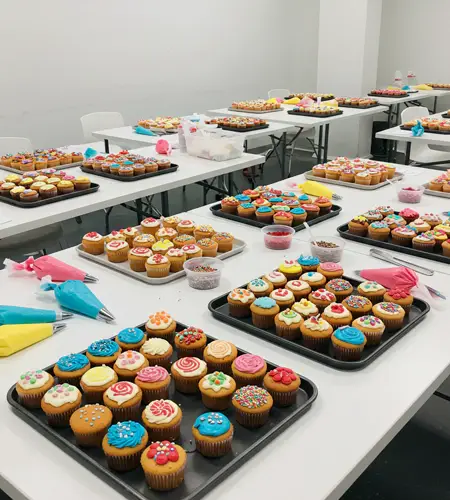 Brightly decorated cupcakes and colorful piping bags neatly arranged on tables for a fun cooking workshop for kids as part of workshops in Dubai