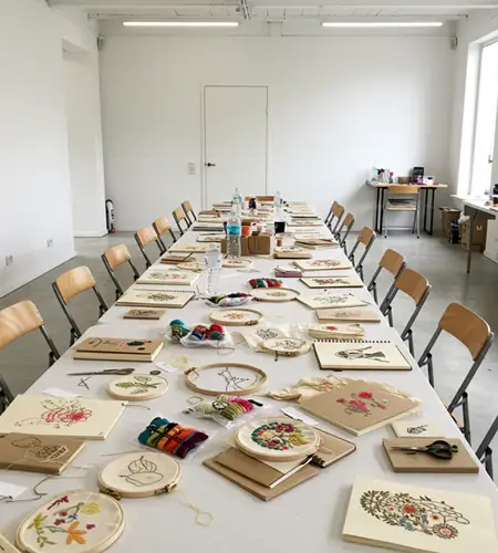 Creative kids embroidery and sketchbook workshop setup in Dubai, featuring colorful threads, hoops, and floral embroidery samples on a long table