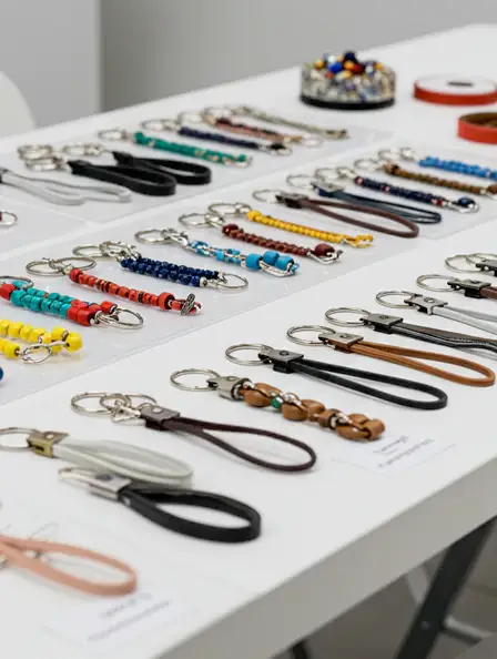 Various handmade beaded and leather keychains displayed on a table during a kids keychain crafting workshop in Dubai