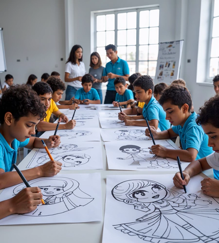 Children practicing manga-style character drawing during a creative kids art workshop in Dubai, guided by a team of professional art instructors
