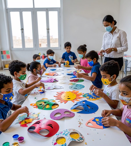 Children decorating colorful paper masks with glitter and stickers during a fun and imaginative kids art workshop in Dubai, guided by a teacher in a safe setting