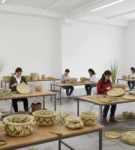 "Team members weaving natural baskets during a craft art workshop in Dubai, designed for hands-on creativity and corporate events engagement. "