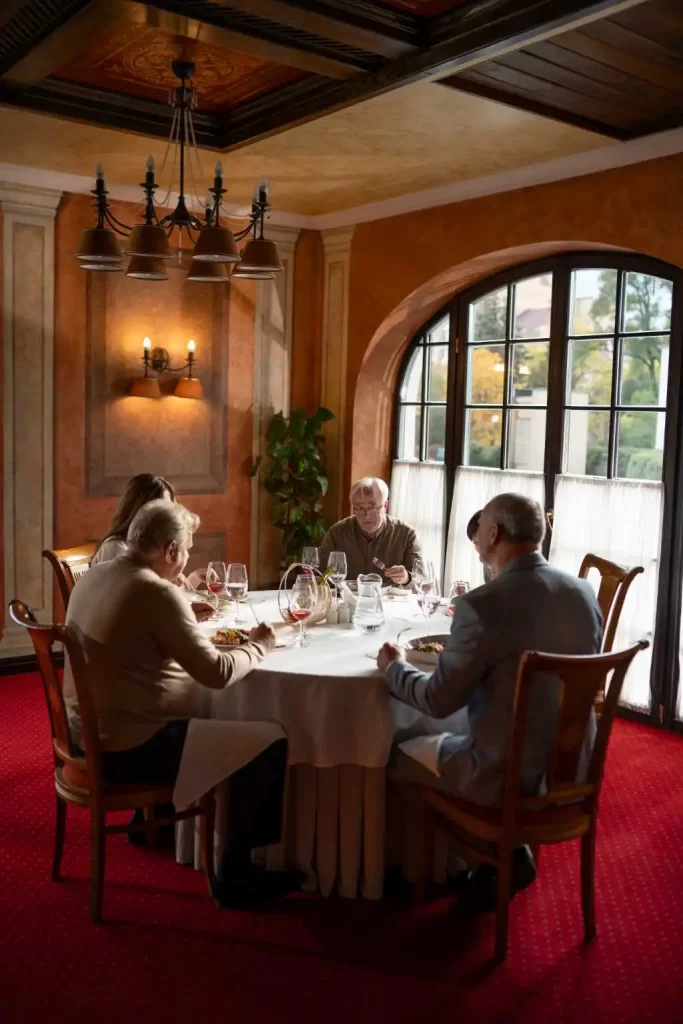 Couple dining in an upscale restaurant with elegant decor, representing MRM Events' premium private dining experiences.