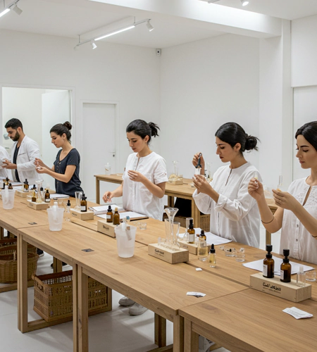 "Corporate team members blending scents during a perfume-making workshop in Dubai, designed as a sensory art experience for corporate events planners. "